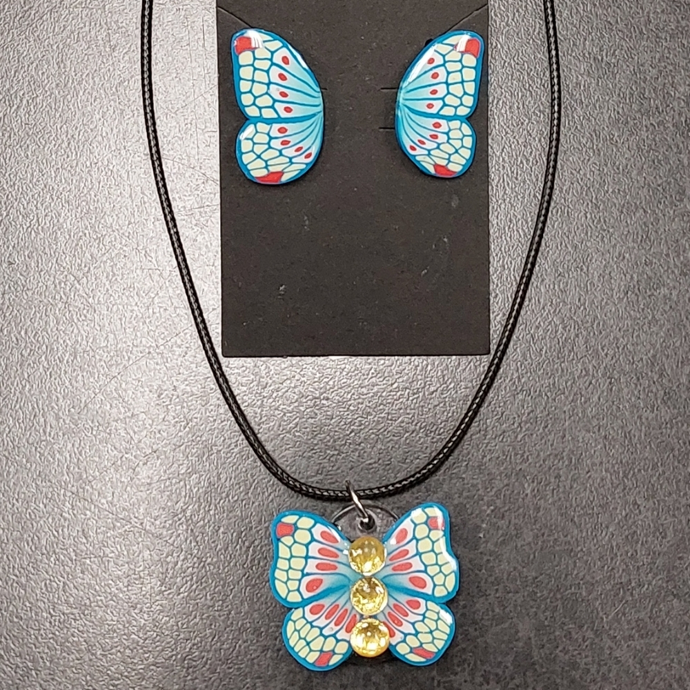 Butterfly Pendant Necklace and Earring Set - Blue and Pink